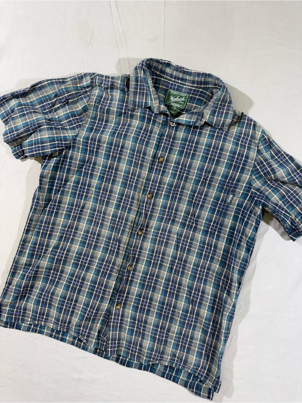 Woolrich Blue & Green Plaid Flannel Short Sleeve Button-Up Shirt